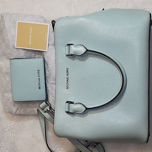 NWOT Michael Kors Benning Mint Leather Satchel W/ Wallet - Picture 13 of 16